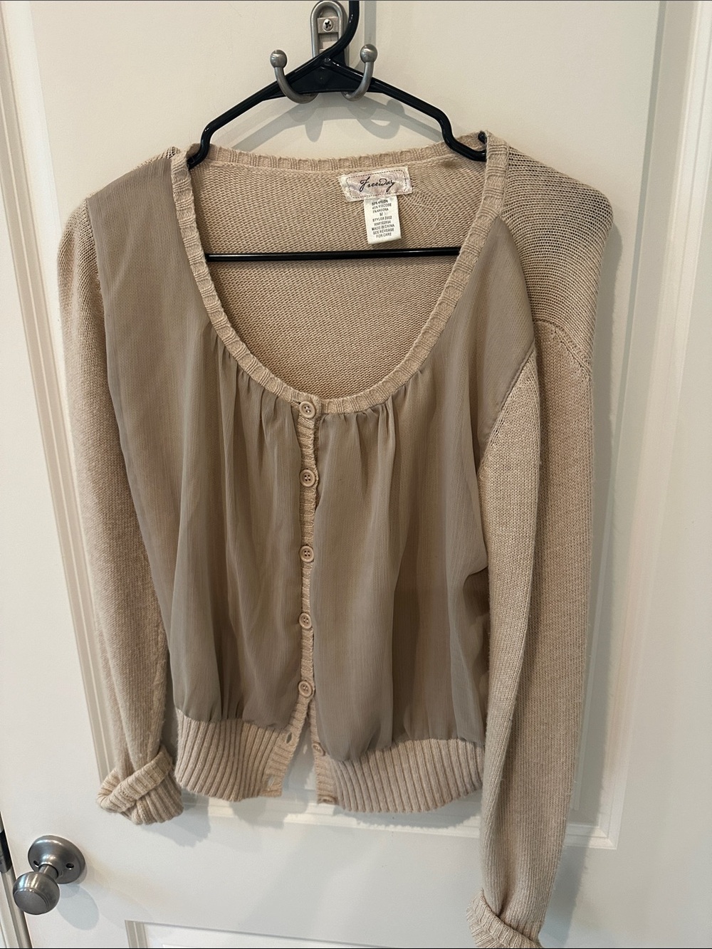 Freeway Taupe Sheer-Front Button Cardigan